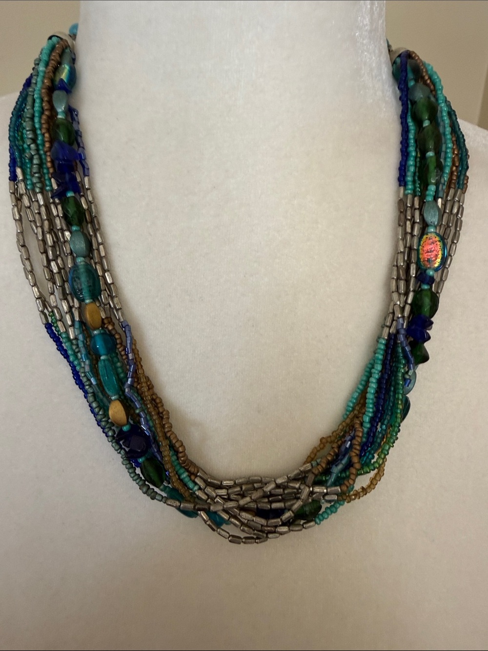 VINTAGE MULTI STRAND BEADED NECKLACE Statement Ocean Blues Teal Glass Silver